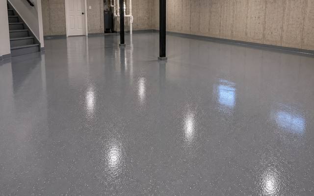 Grey flake epoxy floor in a large basement in Guelph
