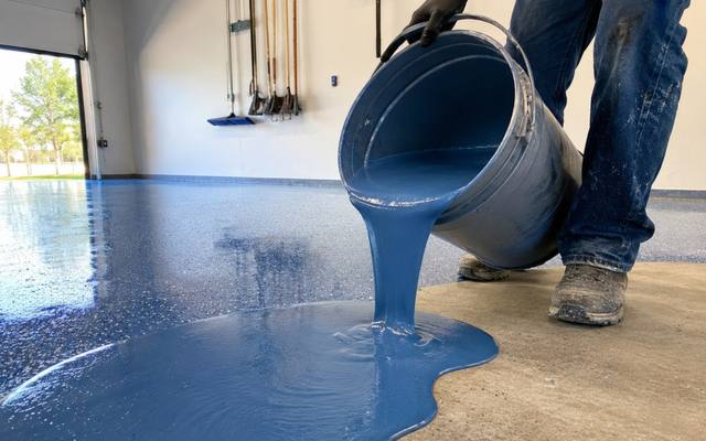 Blue epoxy being poured onto a ground garage slab in Guelph