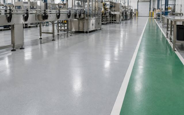 Green walkway beside a packaging line in Guelph