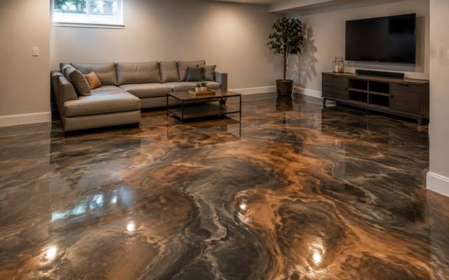 Bronze and copper metallic epoxy floor in a living room in Guelph, Ontario