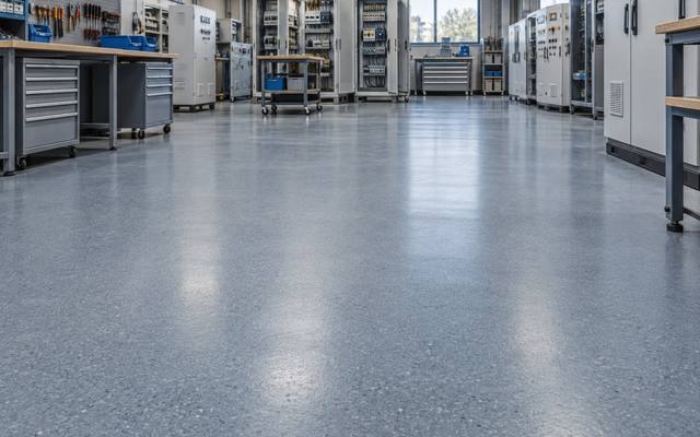 Blue-grey epoxy floor in an electrical shop in Guelph