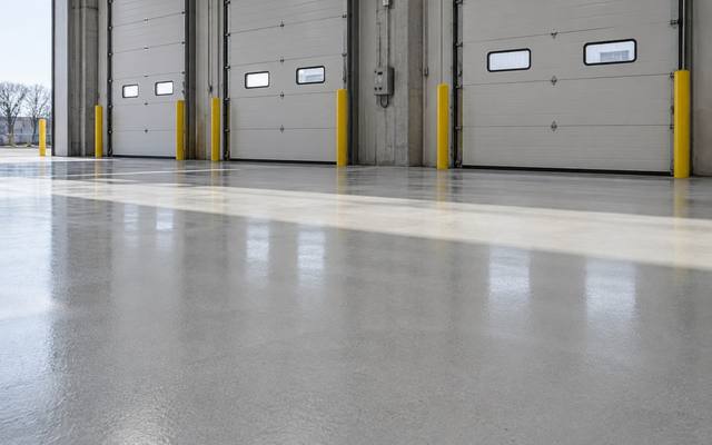 Epoxy floor in front of a row of loading bay doors in Guelph